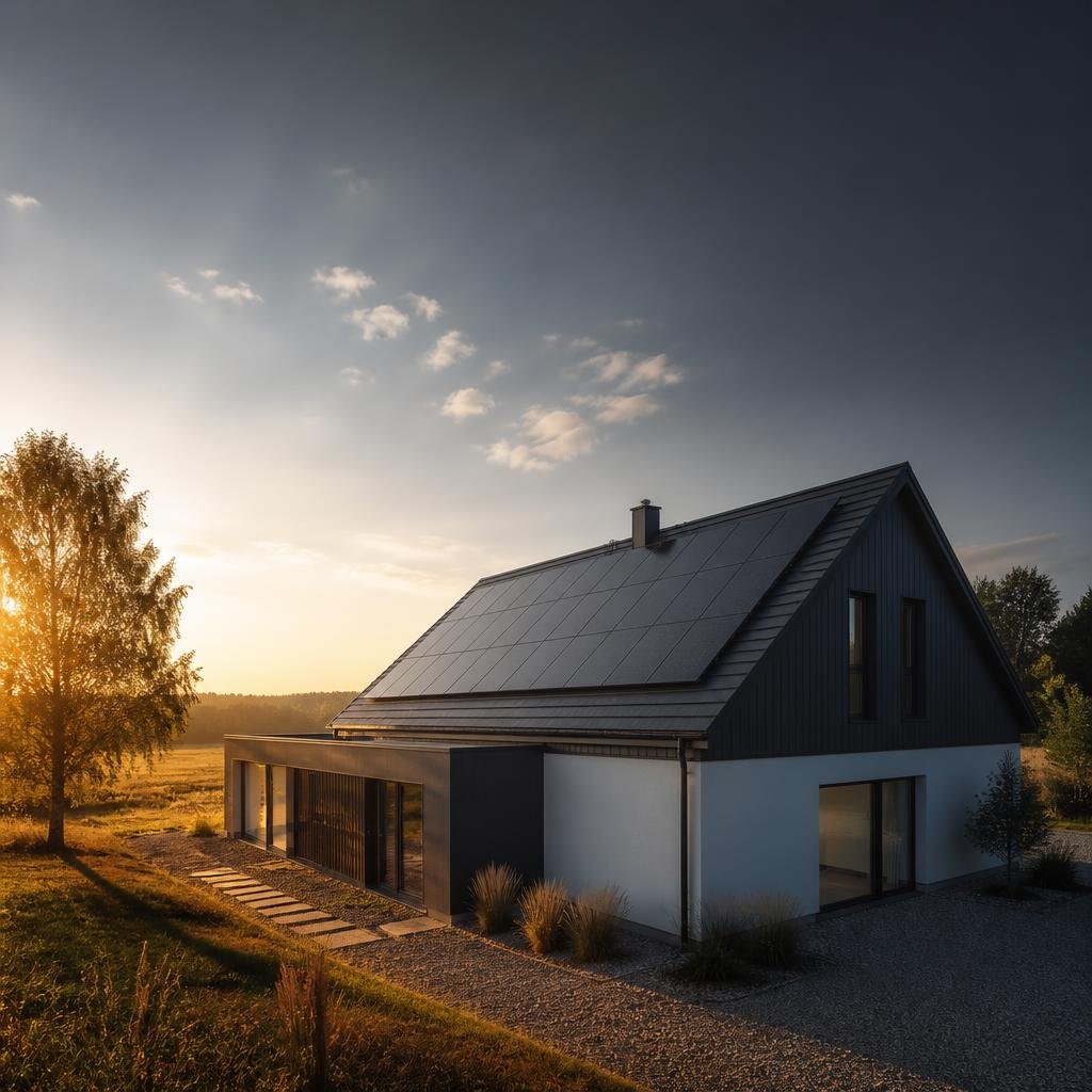 Photovoltaik-Module auf dem Dach eines modernen Hauses im Morgenlicht